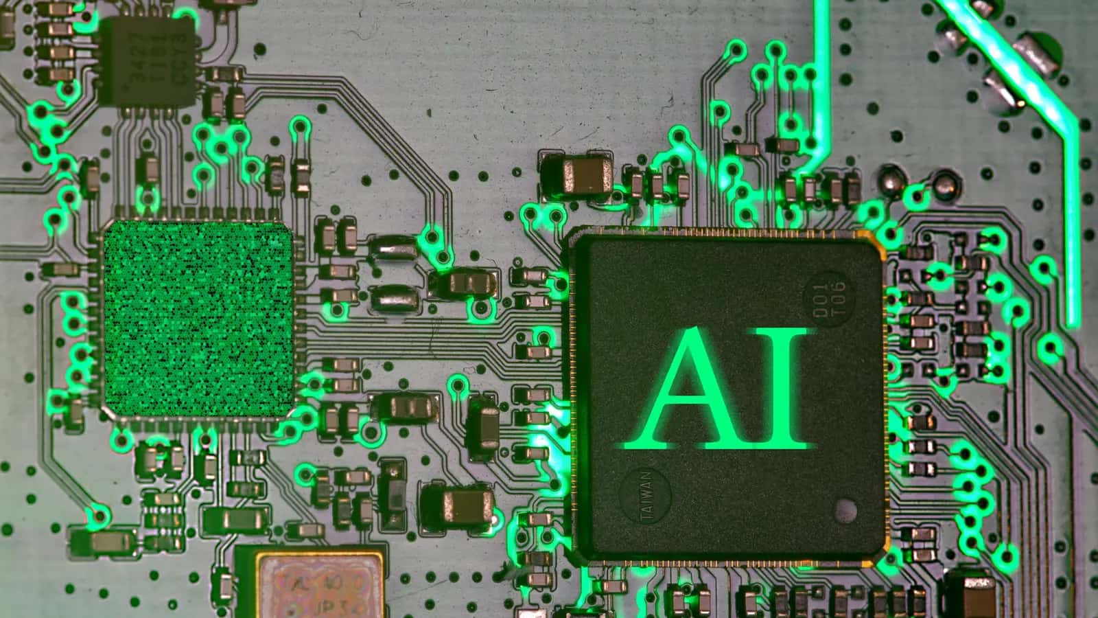 Puce marquée AI sur un circuit imprimé aux pistes lumineuses vertes