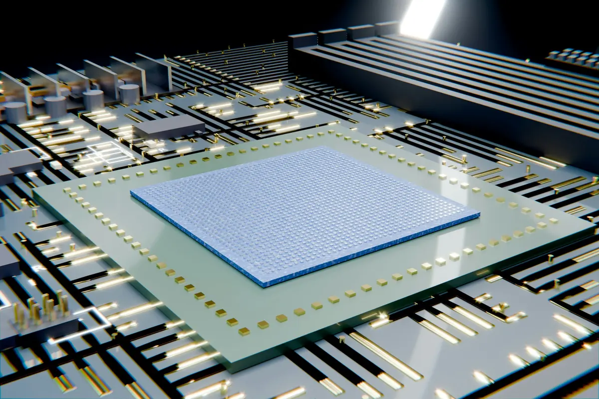 Rendu 3D d'un processeur moderne monté sur une carte électronique éclairée