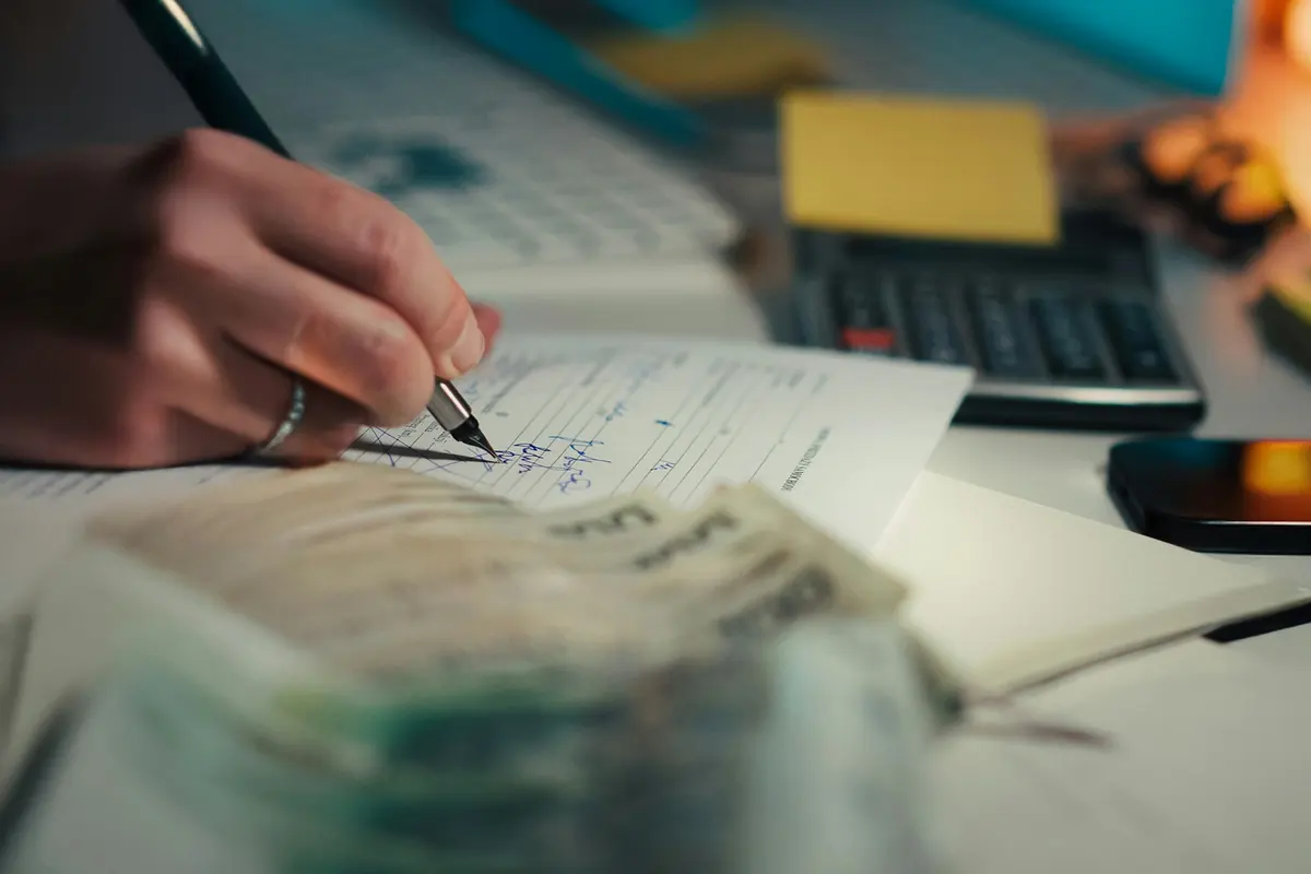 Hand writing a budget in a notebook with a calculator and banknotes nearby